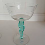 Pair of Vintage Postmodern Crystal Champagne Coupes with Organic Aqua Stems