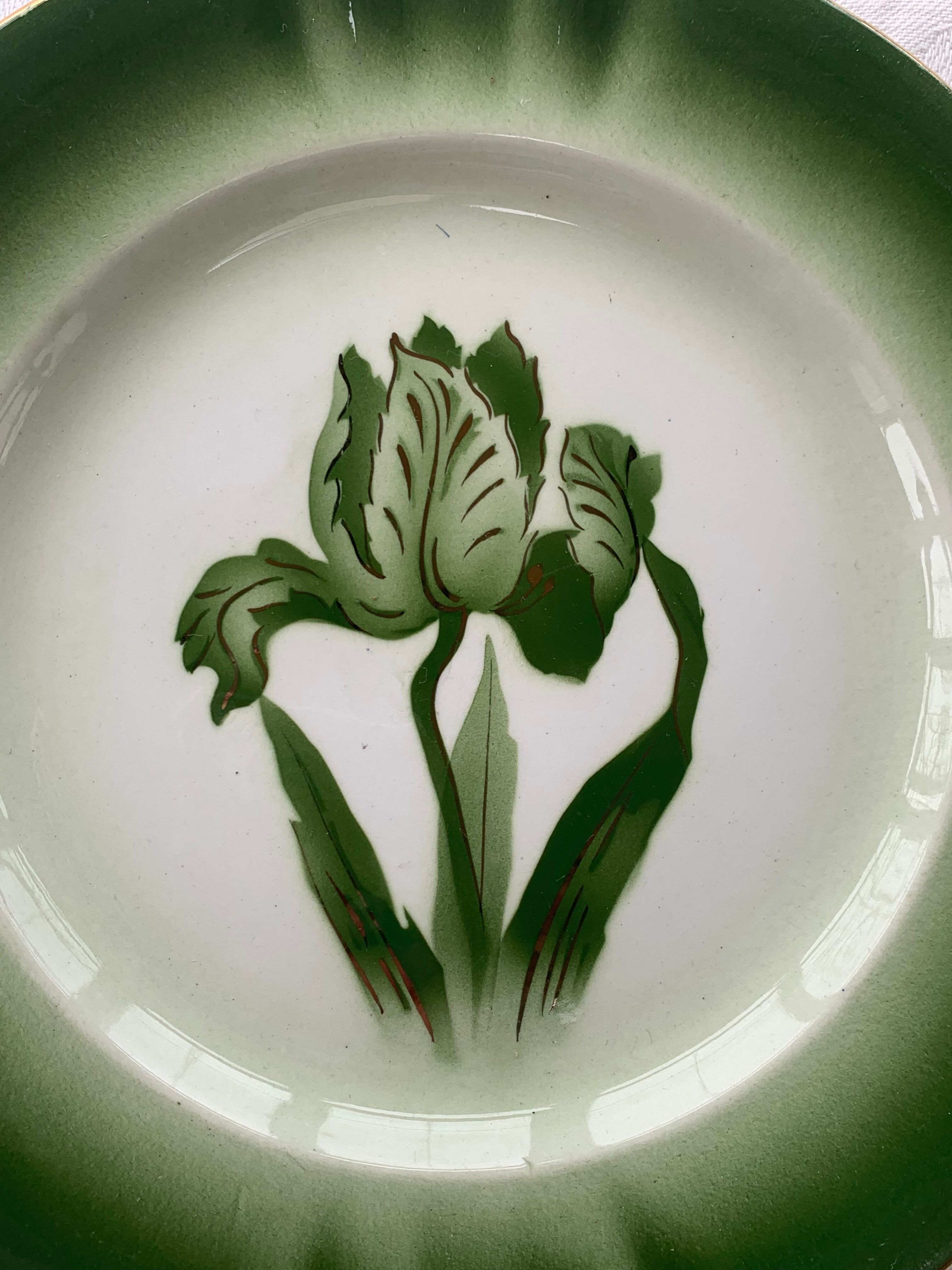 6 flat plates tulip pattern, longwy. Art deco
