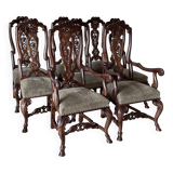 Neo-Renaissance walnut wood dining chairs: set of 6 + 2 armchairs