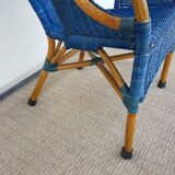 Antique wicker, bamboo and blue rattan armchair, 50's 60's