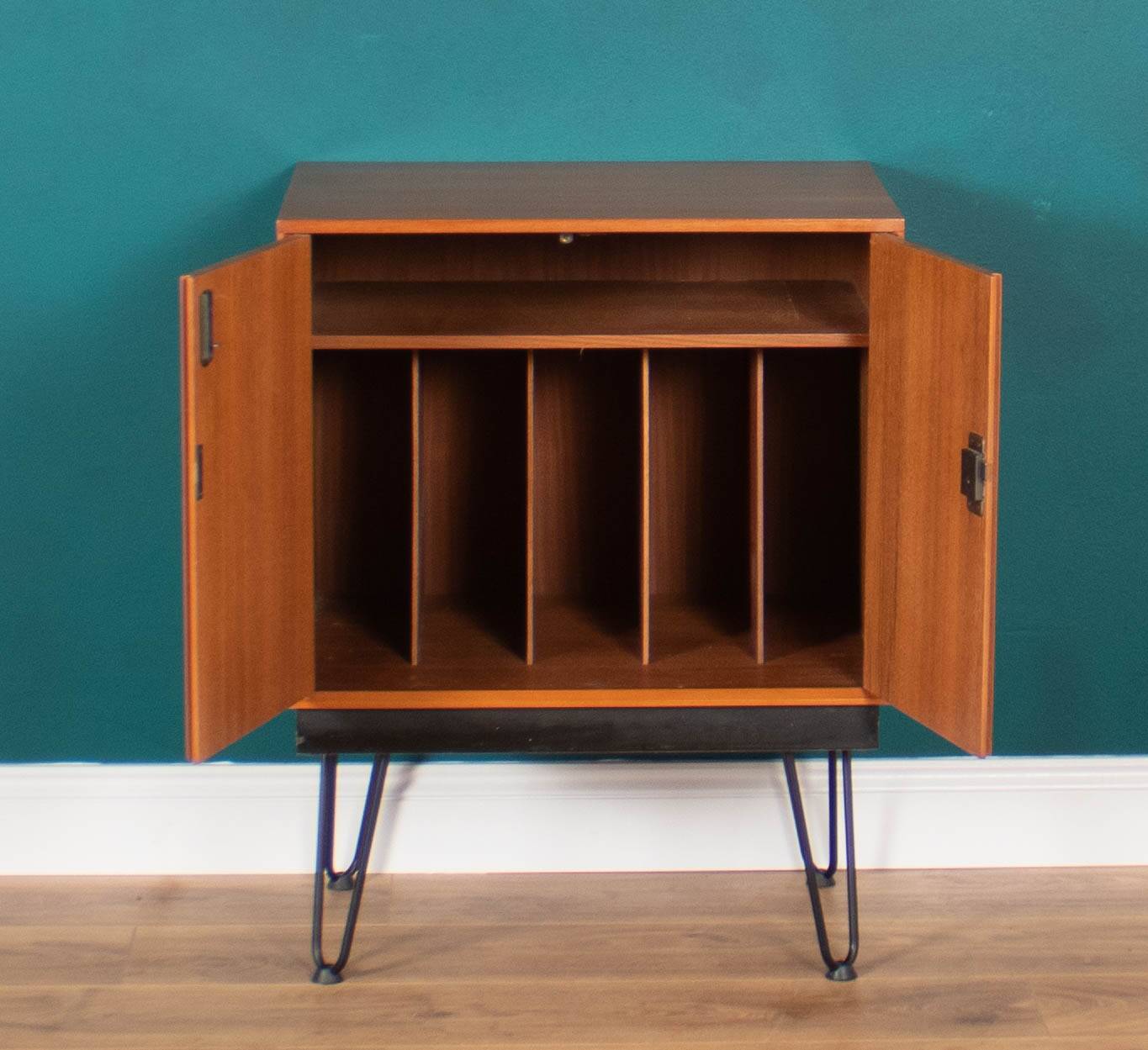 Retro Teak 1960s Record Cabinet On Hairpin Legs