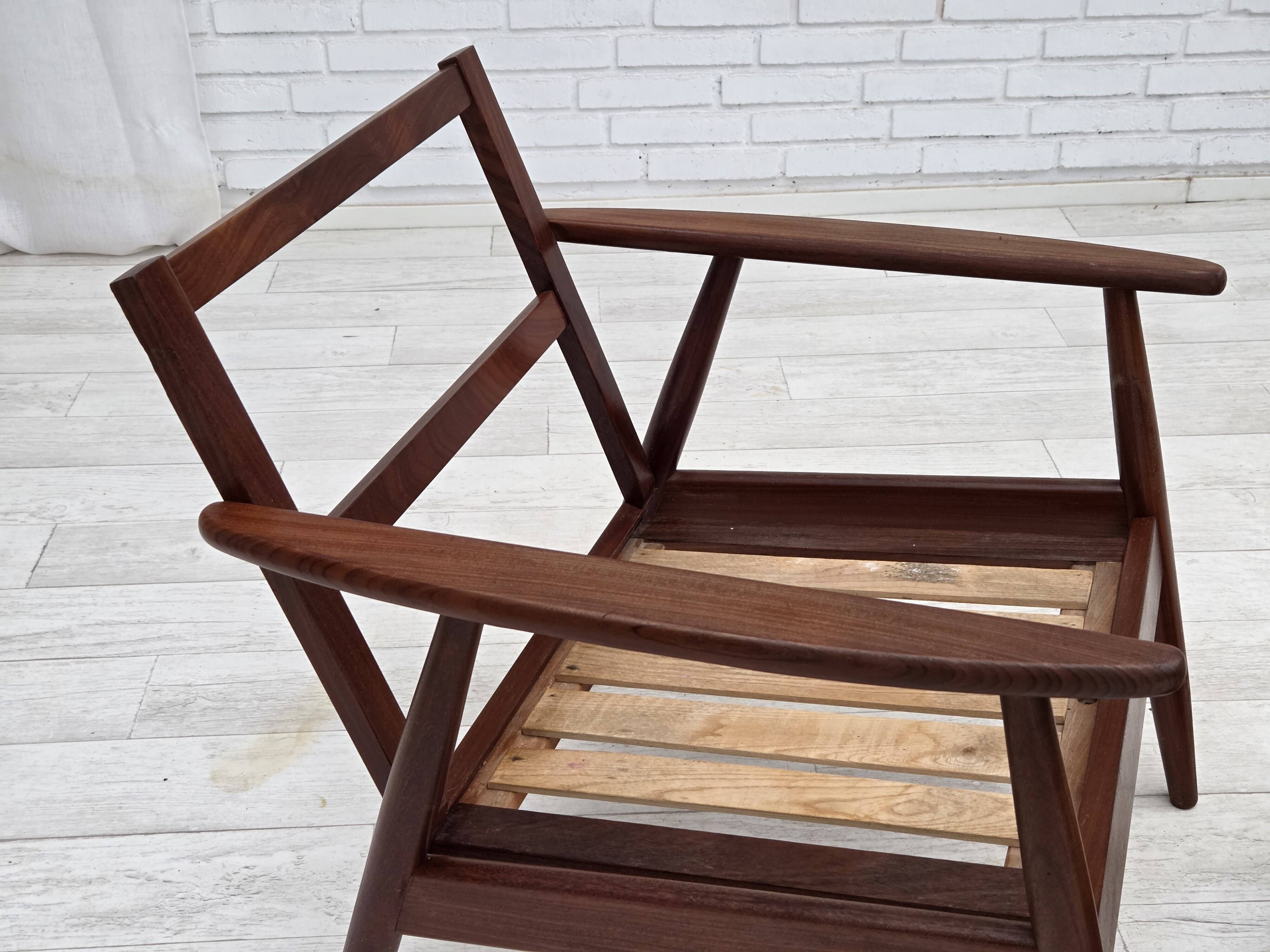 1970s, Danish armchair, teak wood, furniture wool fabric.