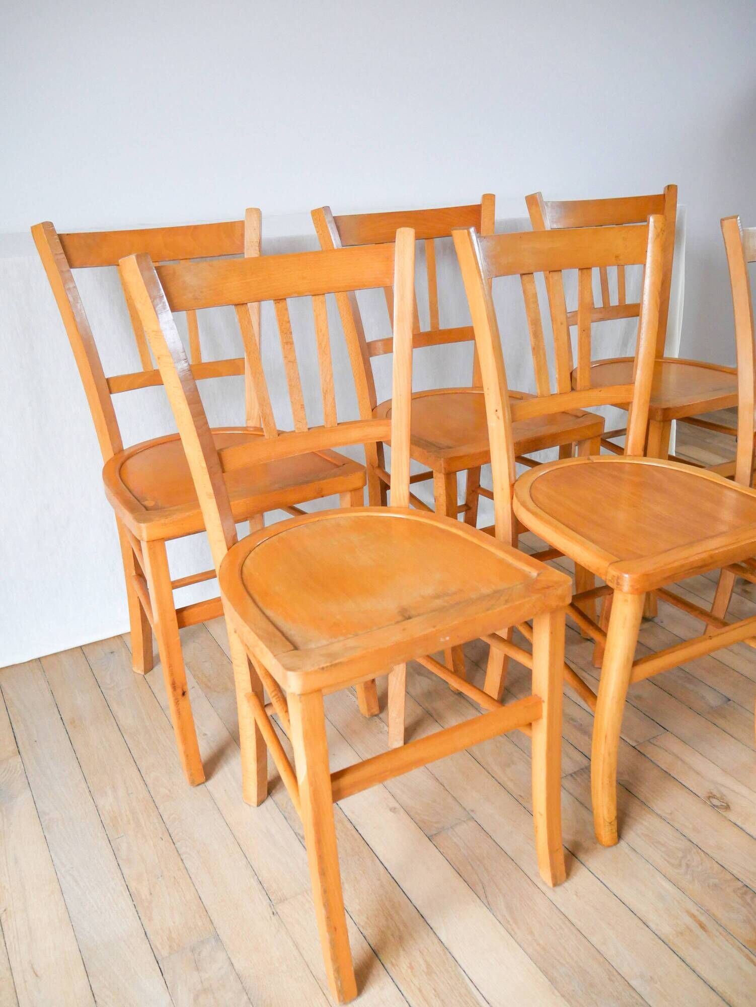 Set of 6 bistro chairs in blond wood luterma 1950