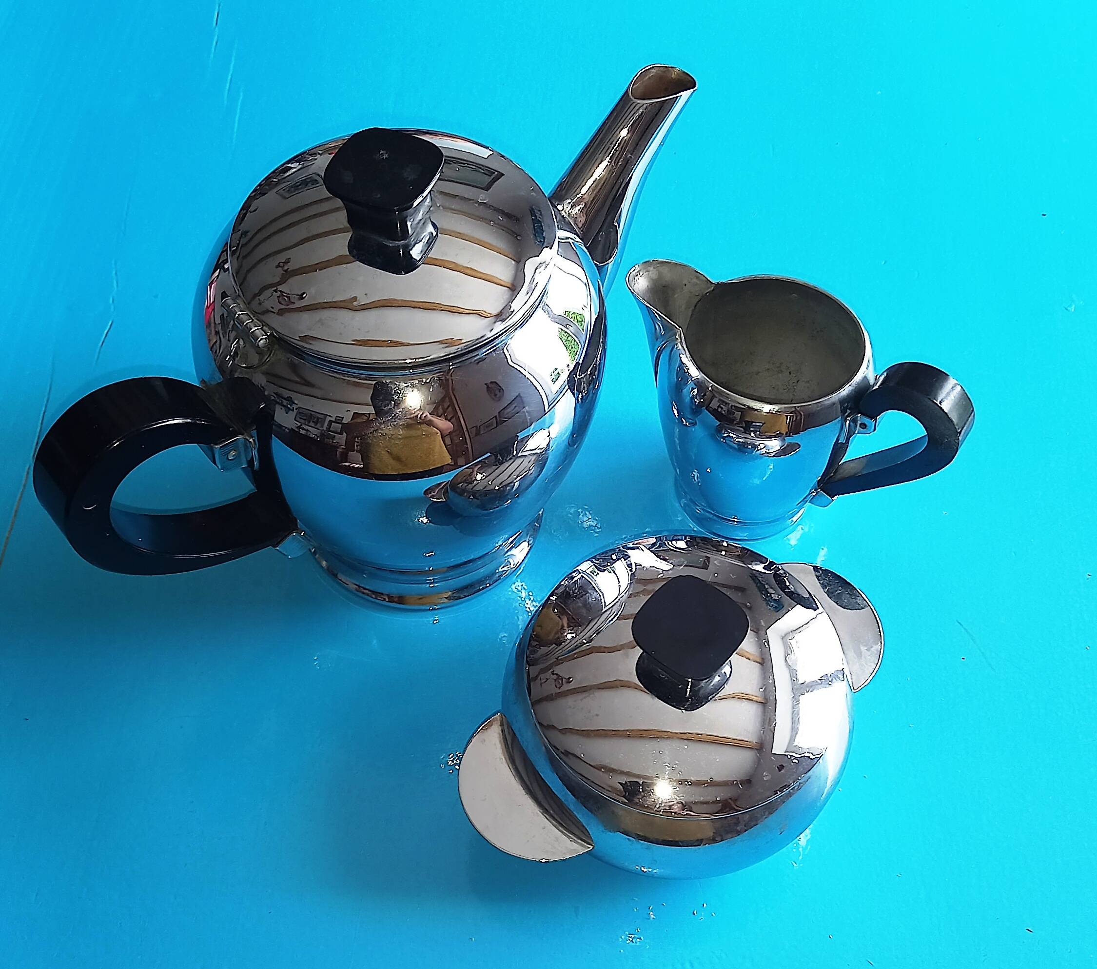Baumlin nickel chrome 3-piece service - coffee/tea maker, milk jug, sugar bowl
