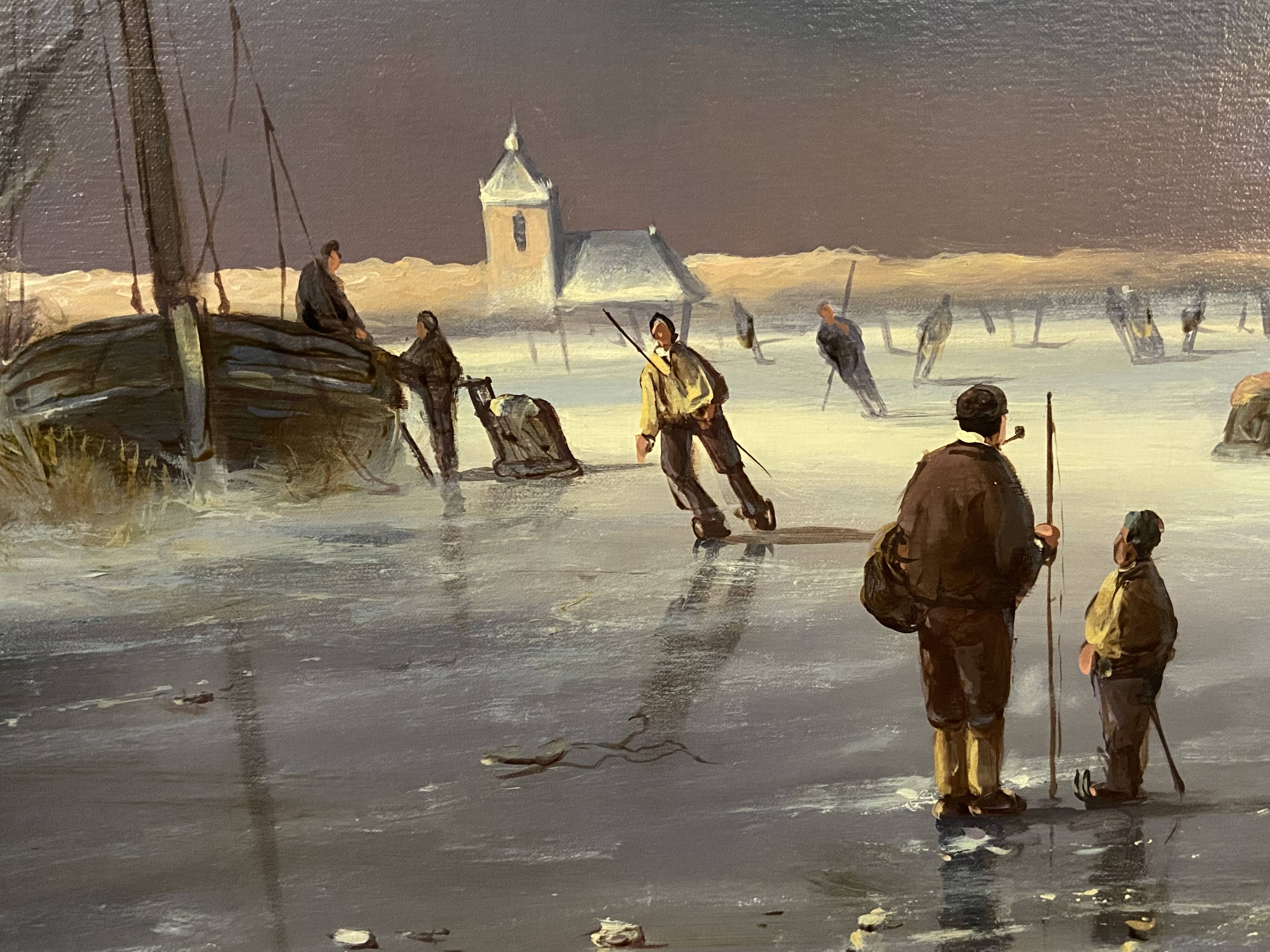 Huge oil painting on canvas Dutch school winter landscape 164x132