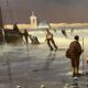 Huge oil painting on canvas Dutch school winter landscape 164x132