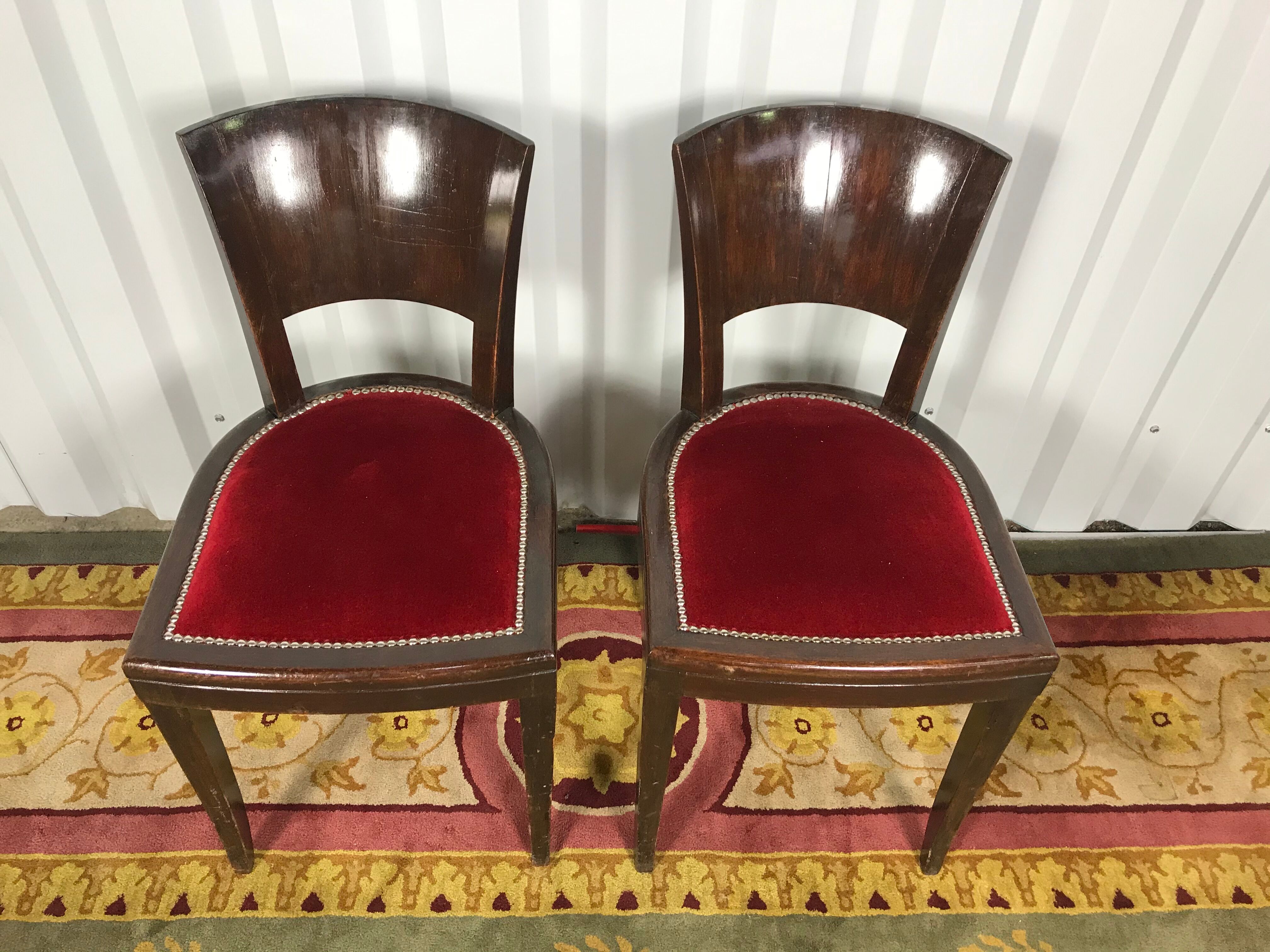 Pair of age Art Deco red velvet chairs