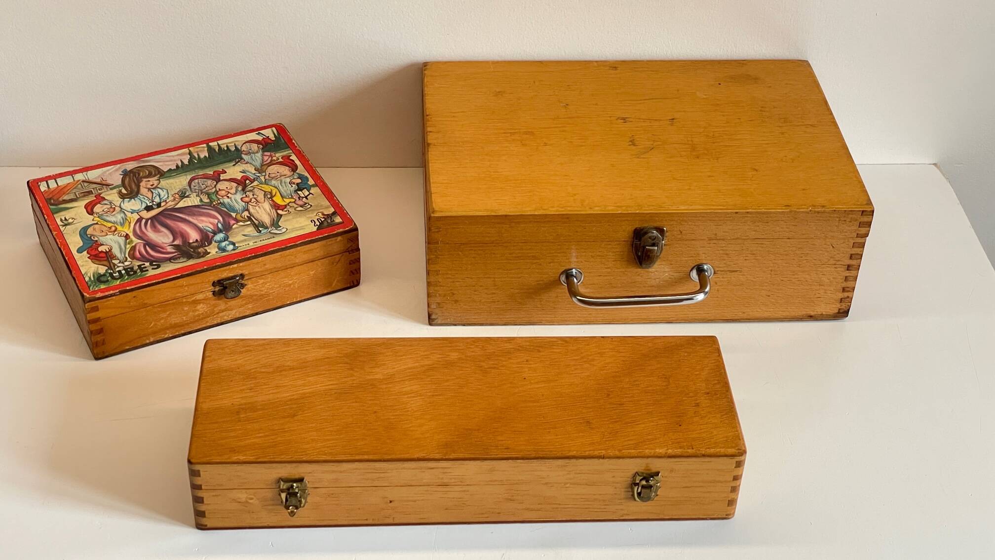 3 vintage dovetail wooden boxes