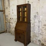 Oak display secretary cabinet, two-body furniture with drop-down front.