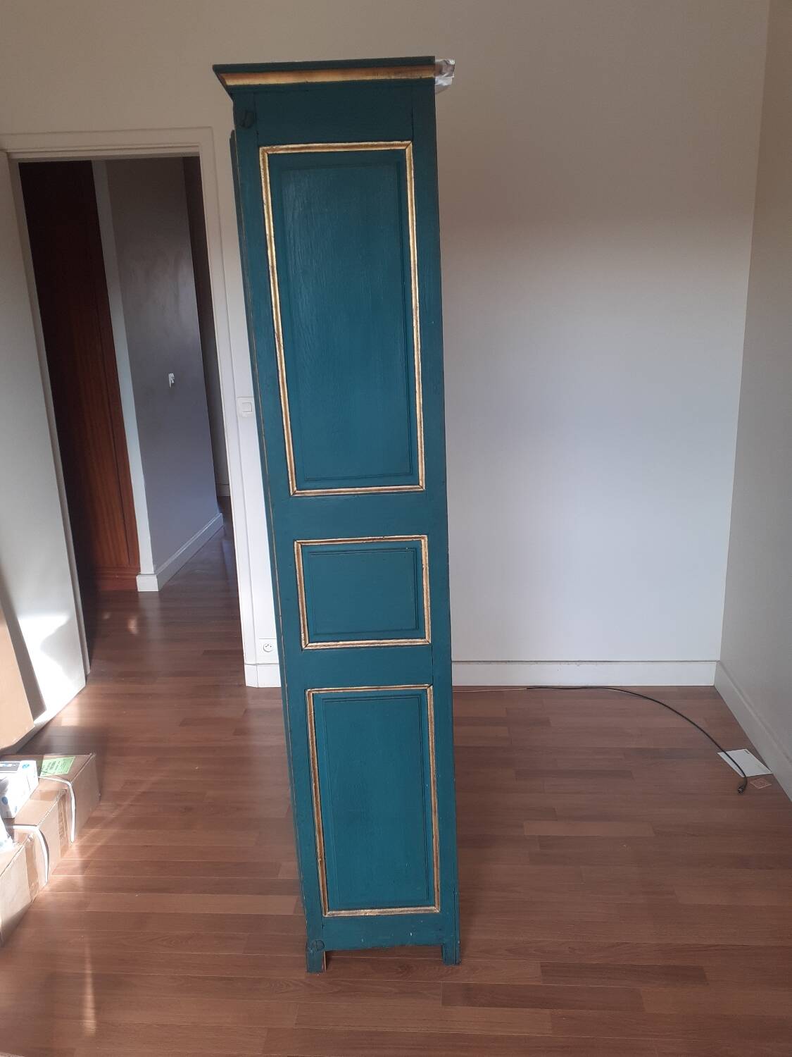 Glass-fronted cabinet in weathered green wood