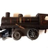 Small JEP mechanical train, including locomotive, tender, sleeping car, rail, 1930s