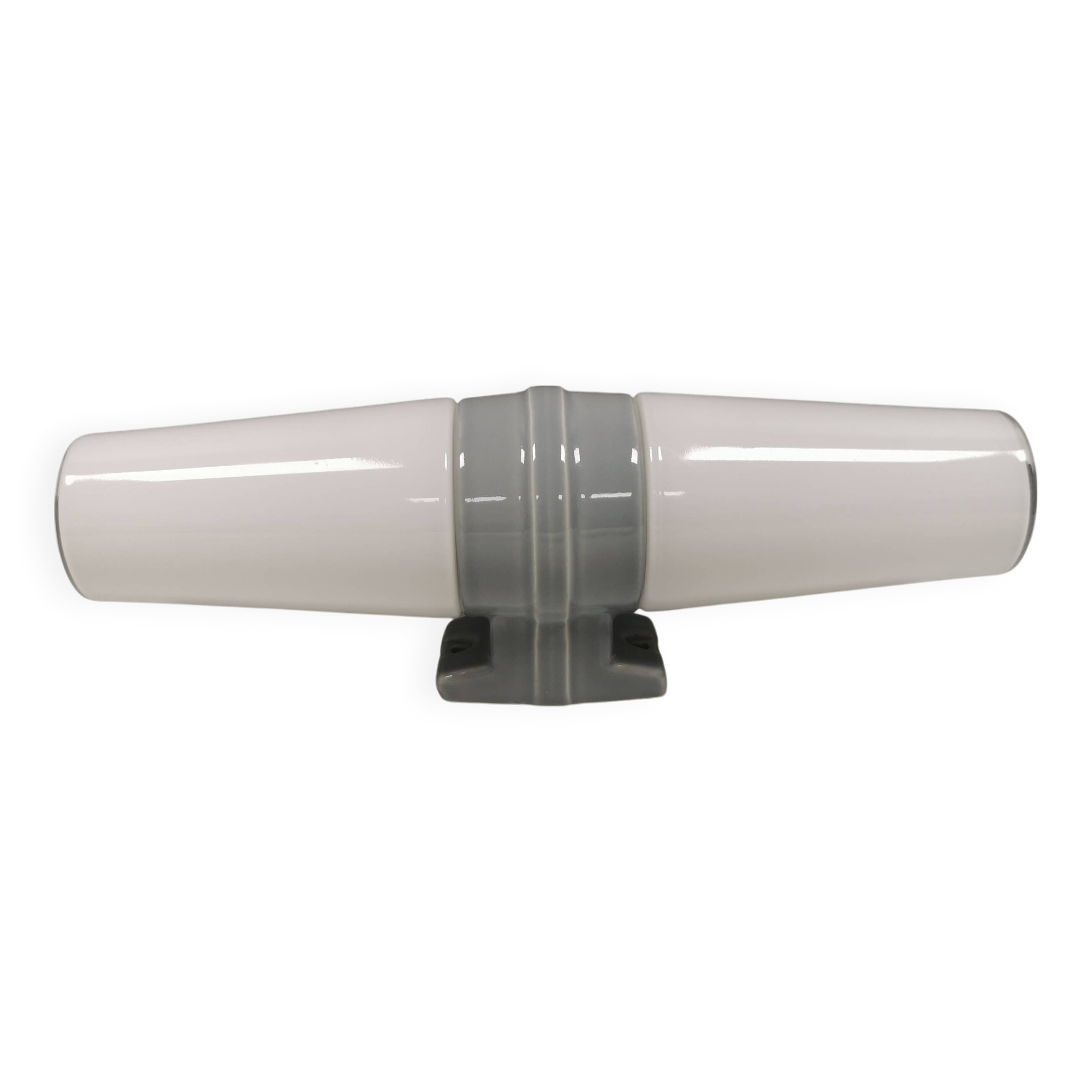 Bathroom lamp with light gray ceramic base,  and milky white opal glass.