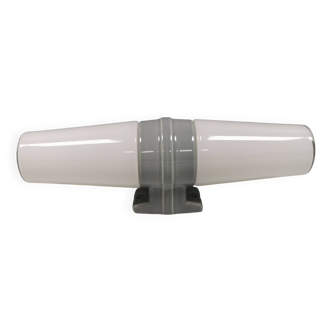 Bathroom lamp with light gray ceramic base,  and milky white opal glass.