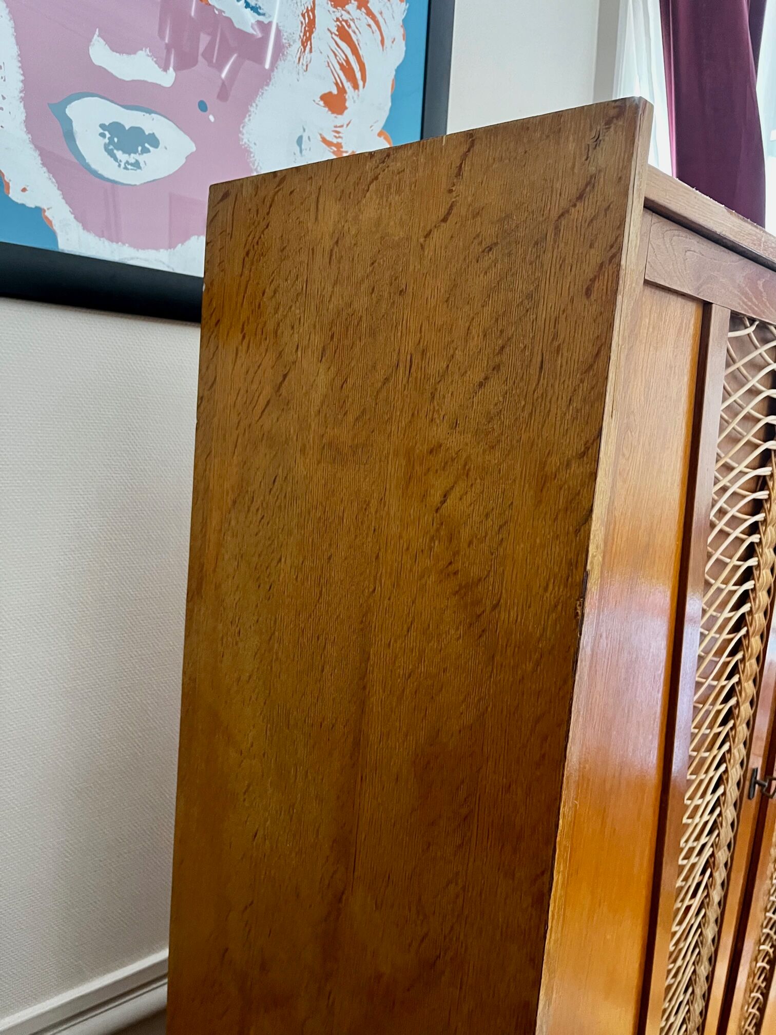 Wood and rattan cabinet 60s