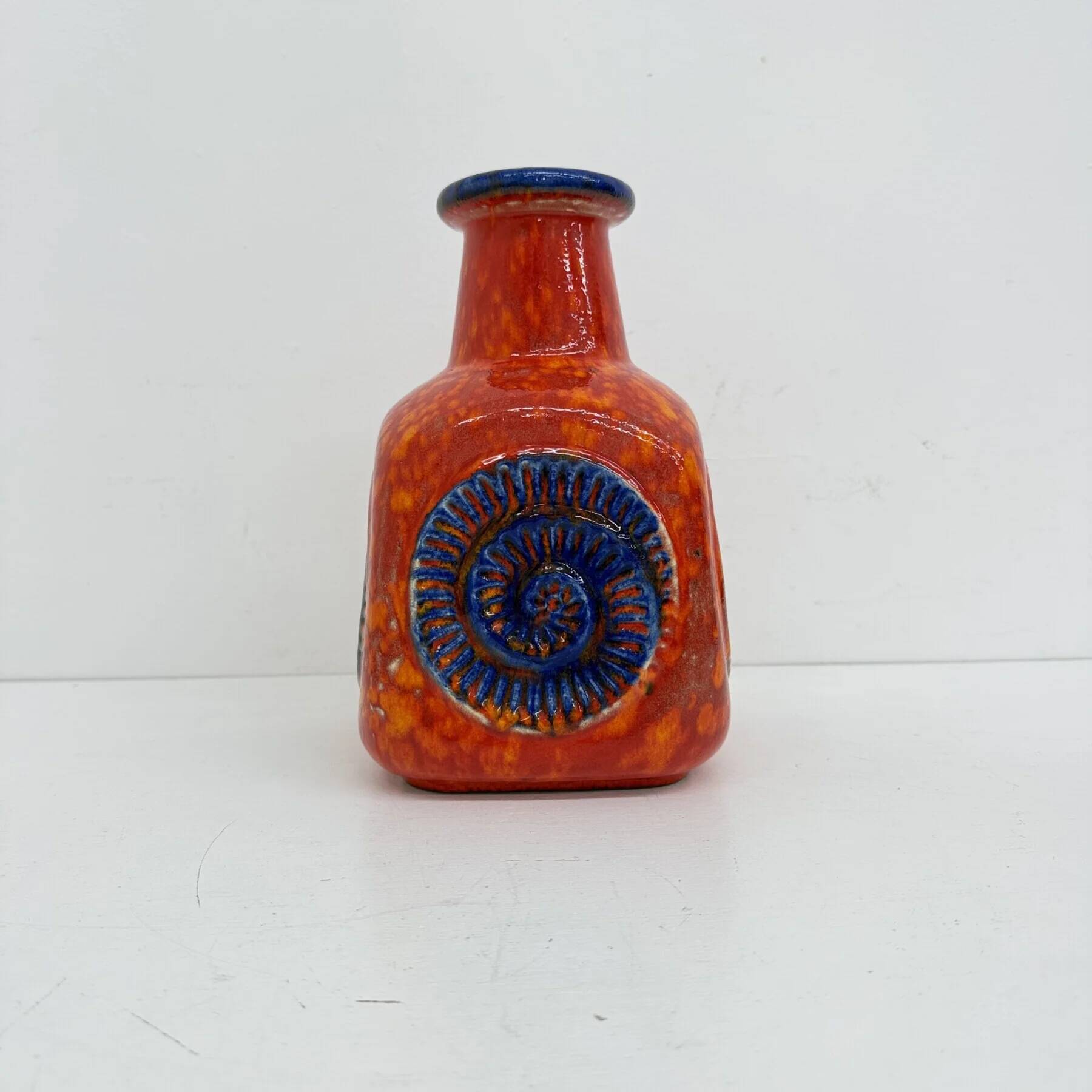 Scheurich West Germany Bay ceramic vase orange with blue fossils, 1970s