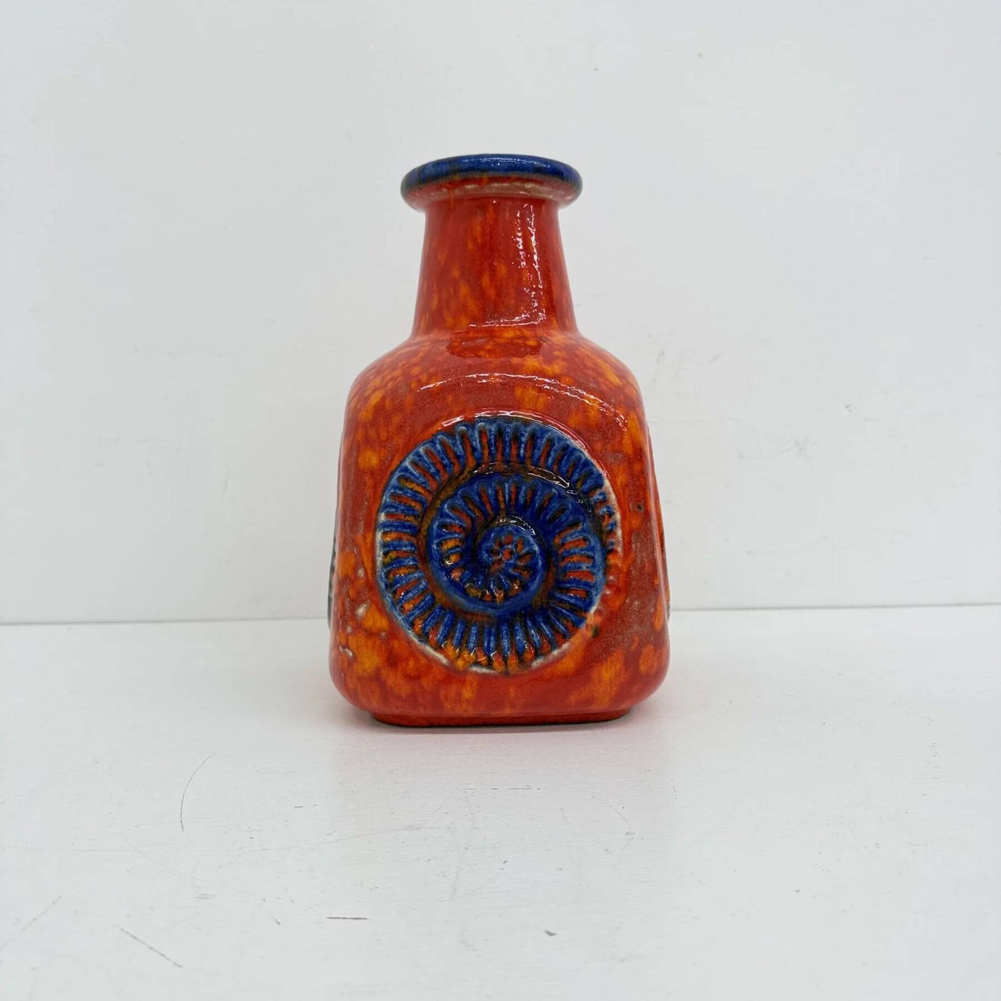 Scheurich West Germany Bay ceramic vase orange with blue fossils, 1970s