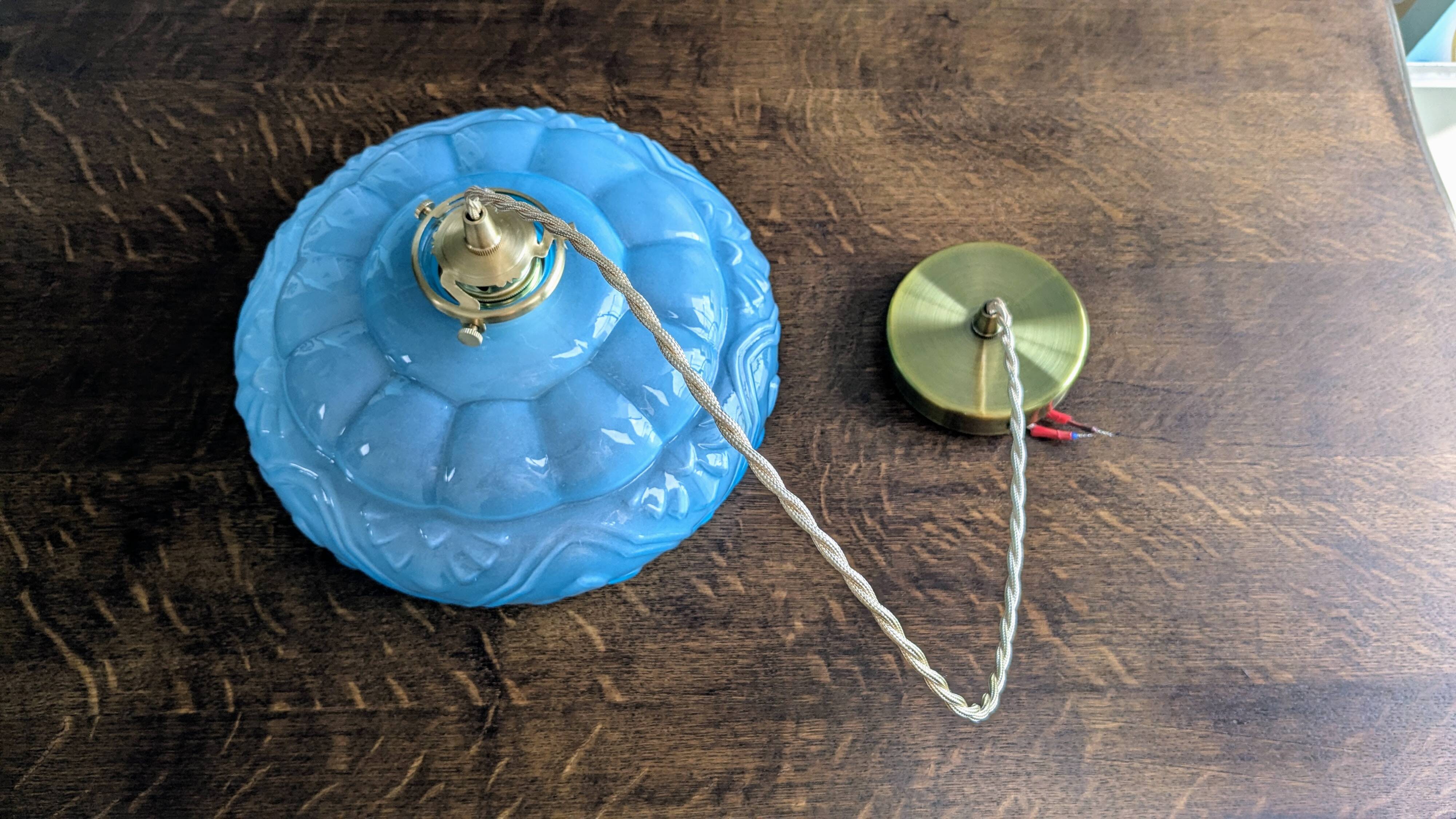 Art Deco pendant light in blue glass and brass
