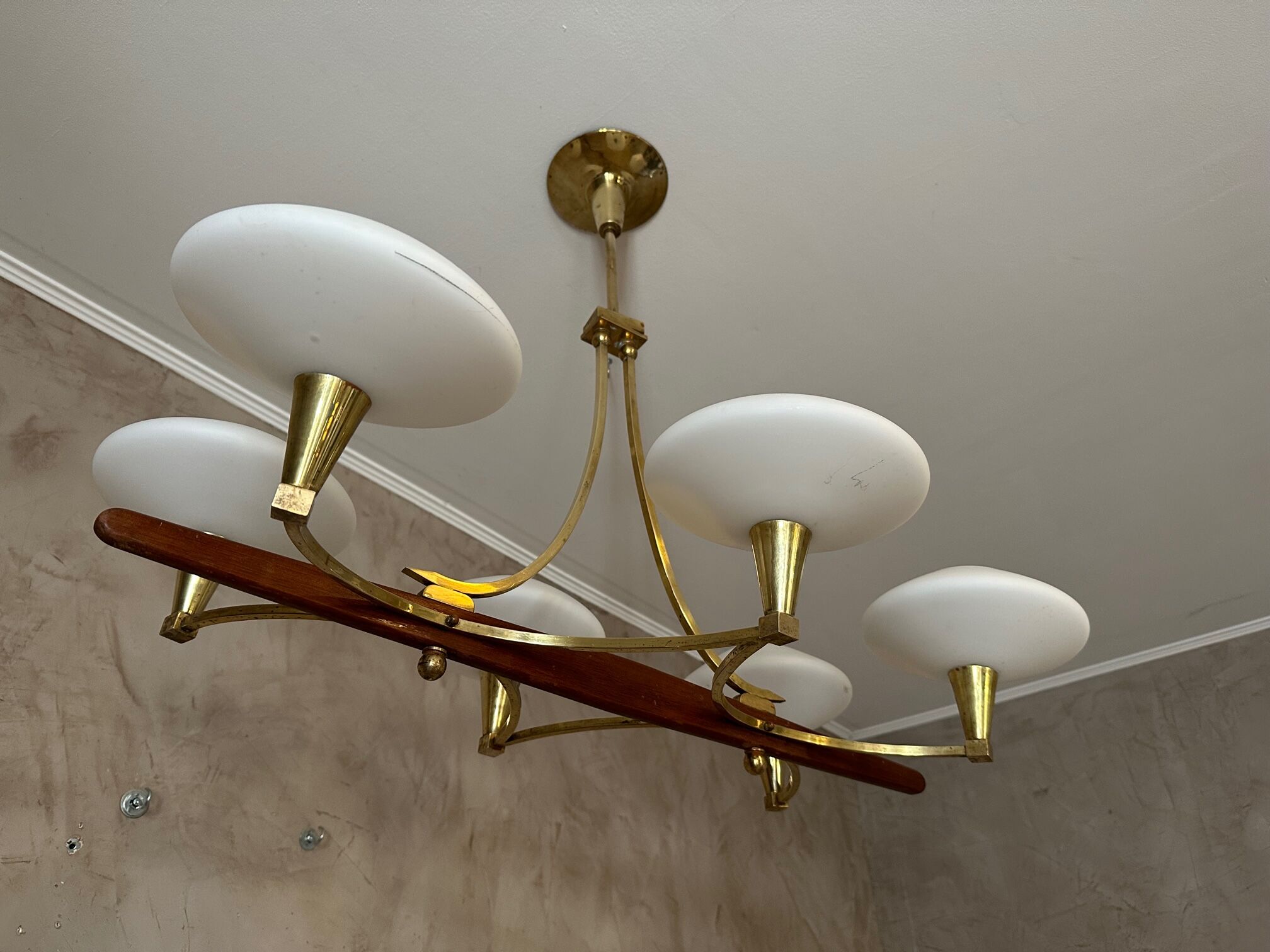 Vintage brass and opaline chandelier