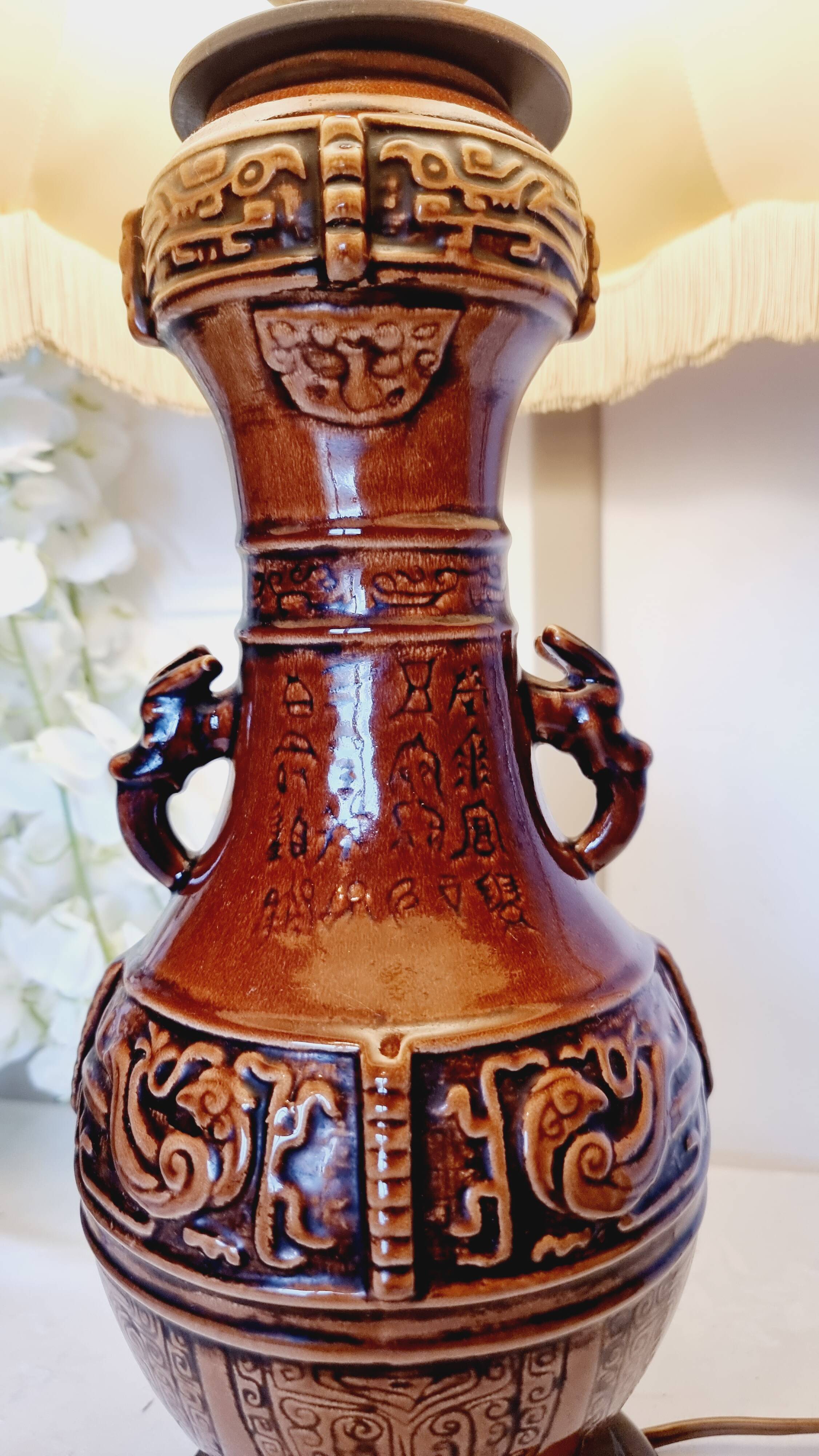 Large vintage table lamp in glazed ceramic, Oriental style 50s-60s.