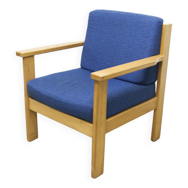 Fauteuil chauffeuse 1980 bleu et hêtre miel confortable