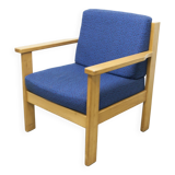 Comfortable 1980s blue and honey beech armchair