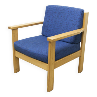 Fauteuil chauffeuse 1980 bleu et hêtre miel confortable