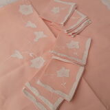 Old square rose tablecloth with 8 towels, handmade