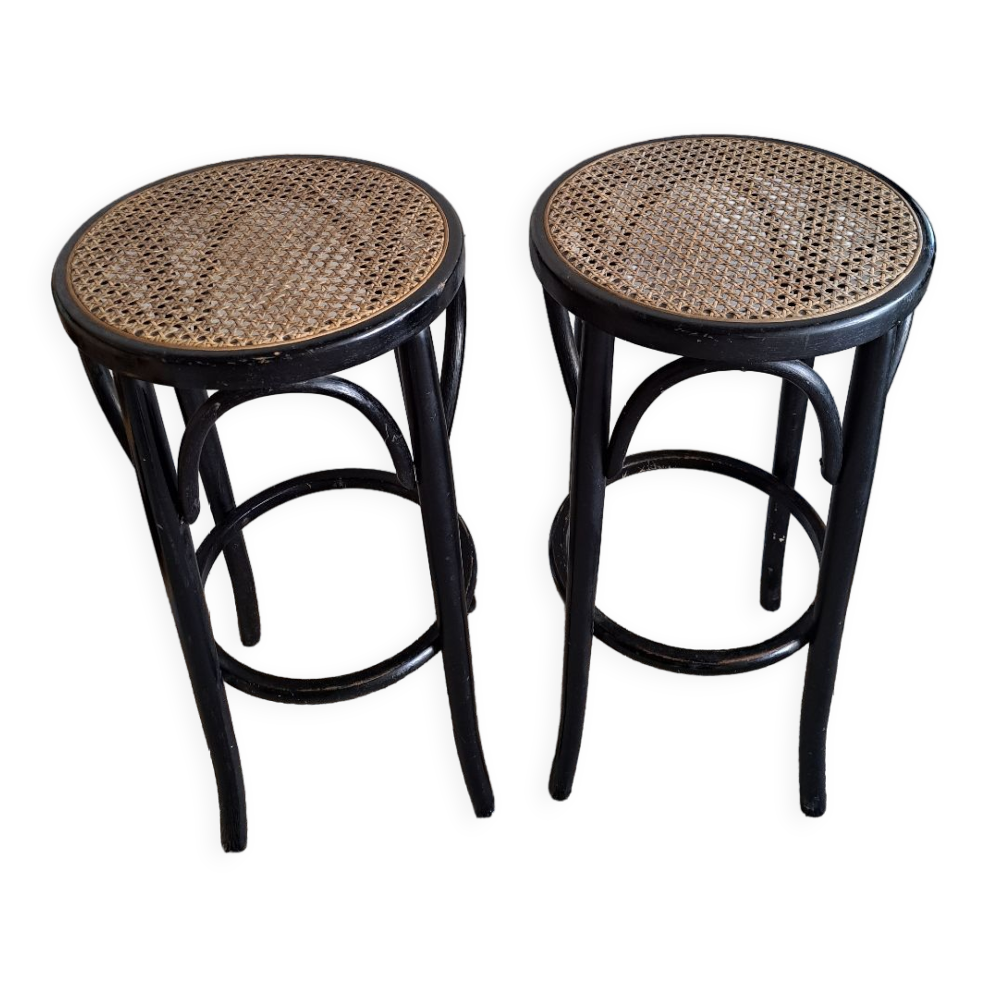 Paire de tabourets de bar cannés , en bois courbé
