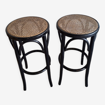 Pair of canned bar stools, curved wood