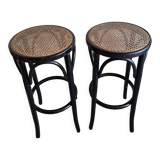 Pair of canned bar stools, curved wood