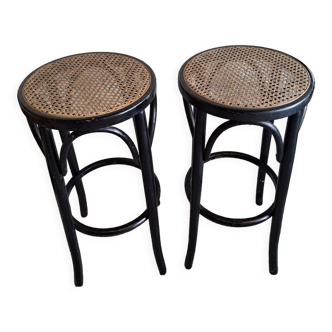 Pair of canned bar stools, curved wood