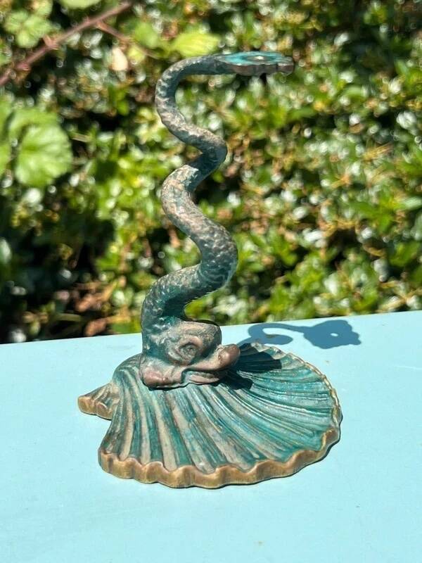 Antique candlestick base – stylised marine fish in patinated bronze