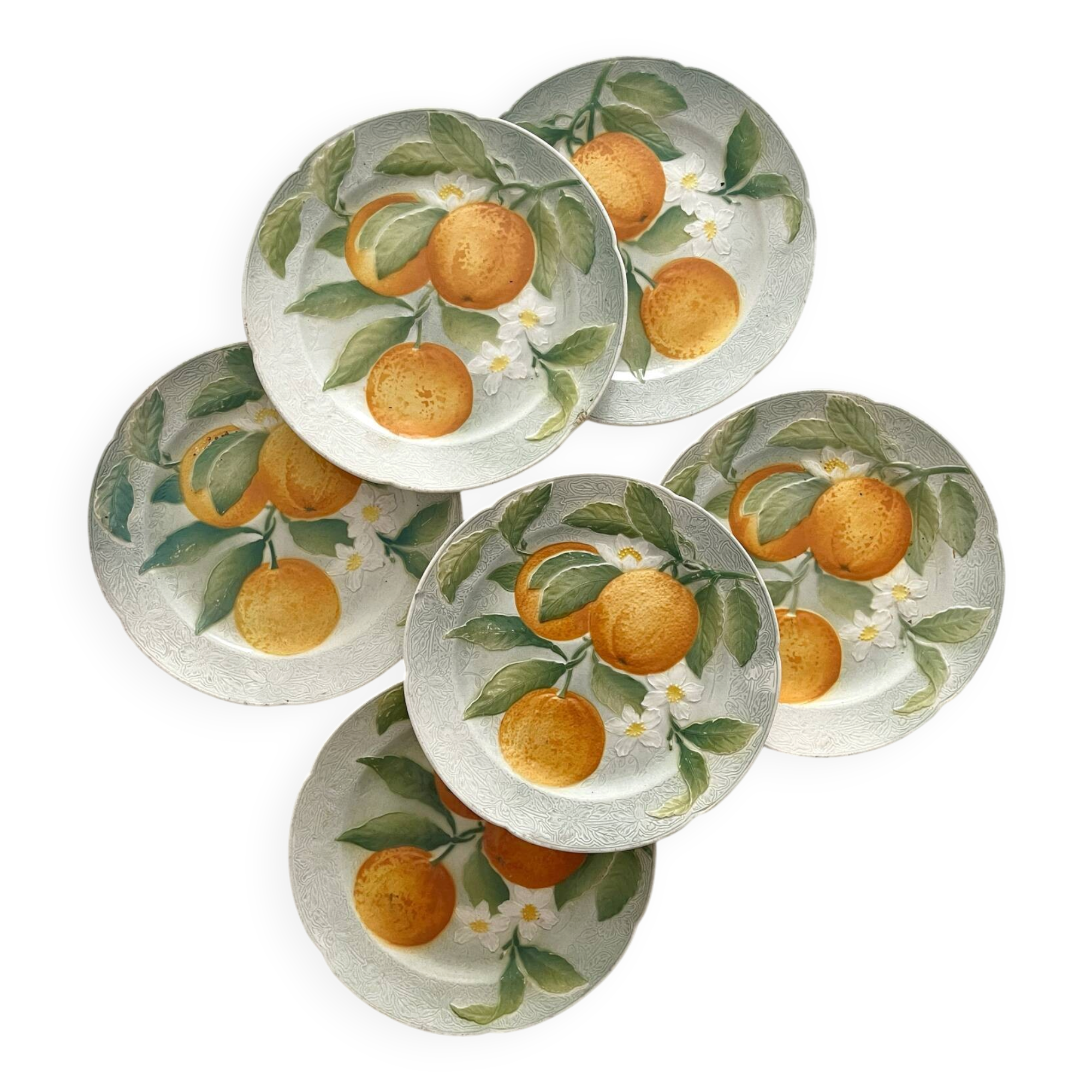 6 orange barbotine dessert plates from Saint Clément earthenware.