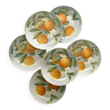 6 assiettes à dessert en barbotine orange faïence de Saint Clément