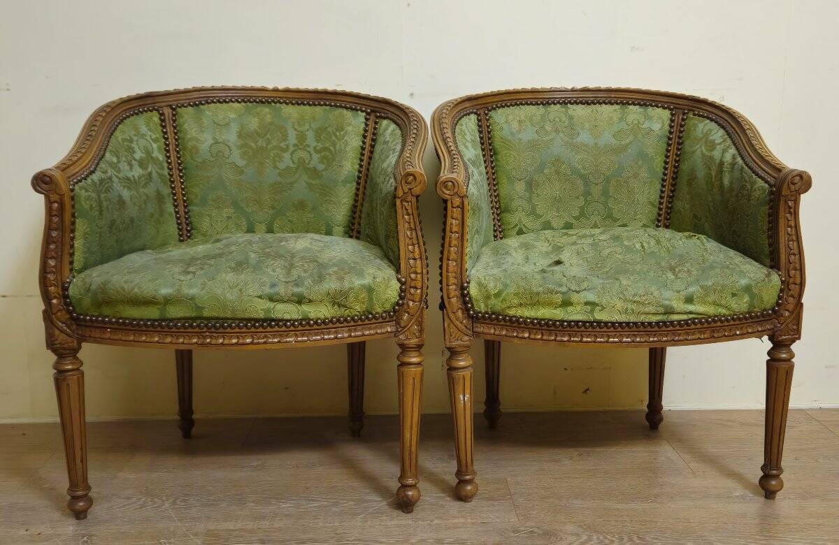 Pair of antique armchairs in Louis XVI style – green damask fabric