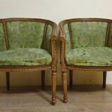 Pair of antique armchairs in Louis XVI style – green damask fabric