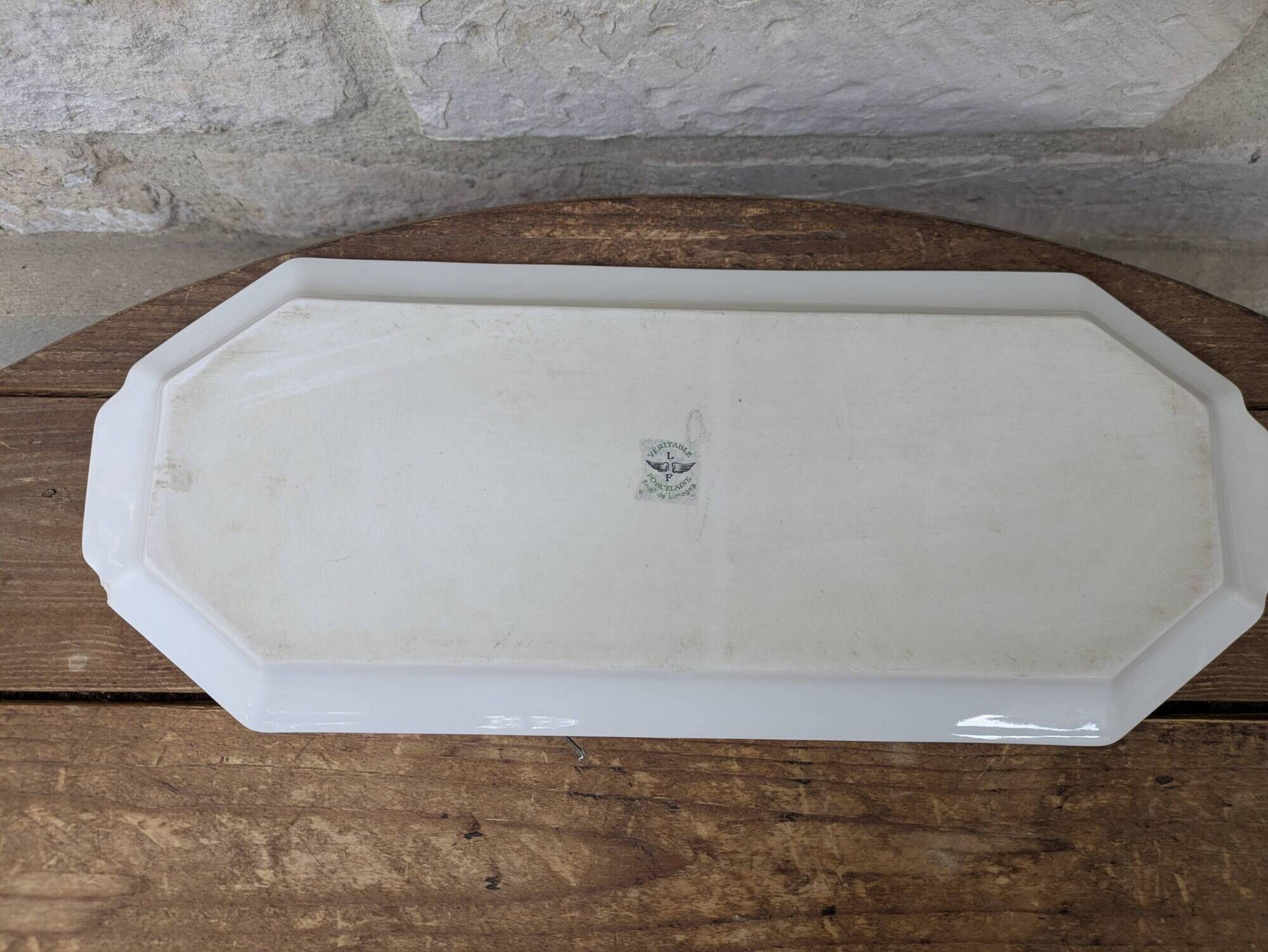 Limoges enamel porcelain cake dish LF with lilac flower decoration.