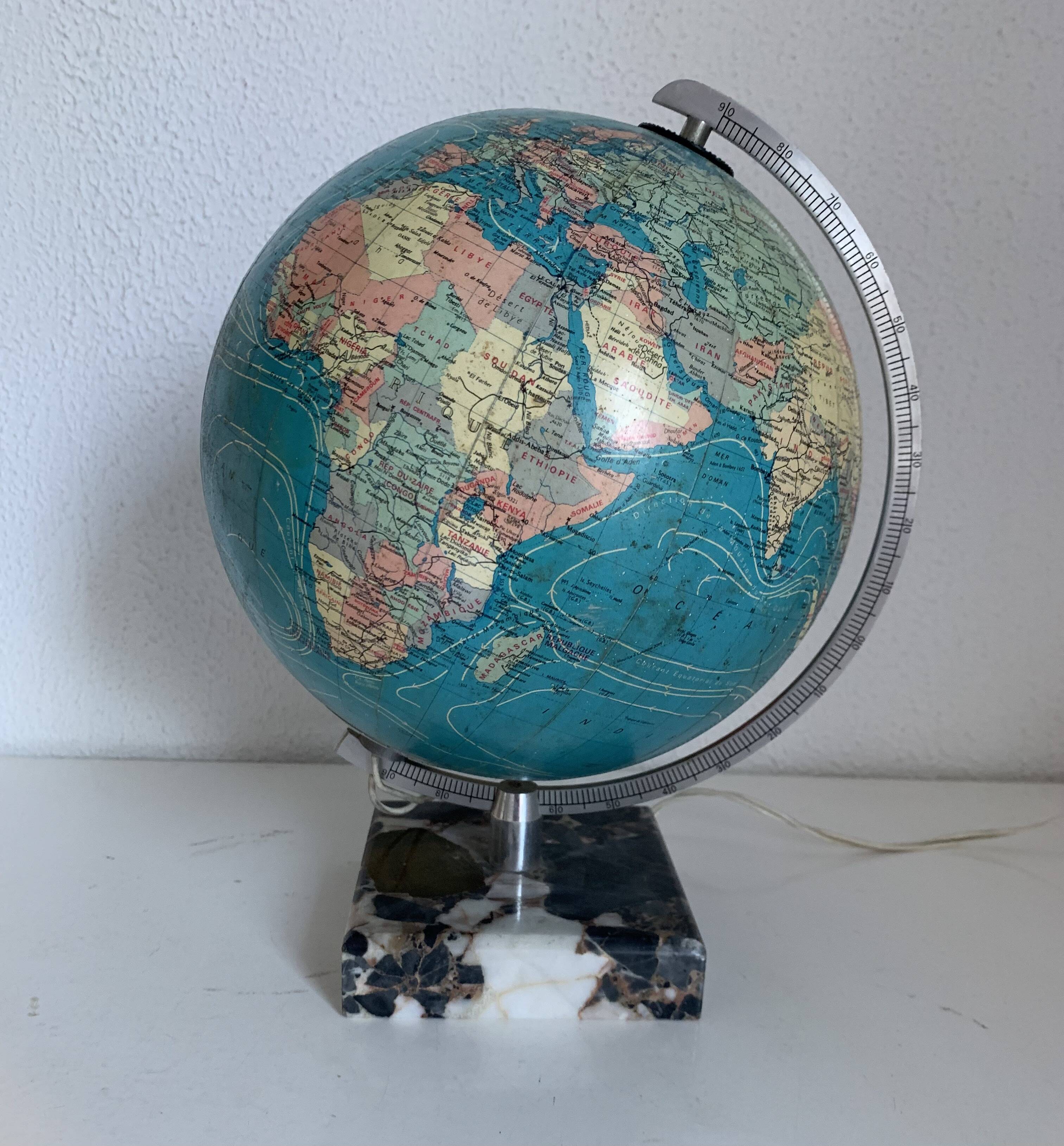 Vintage 1976 terrestrial globe by Taride, glass and marble world map - 30 cm