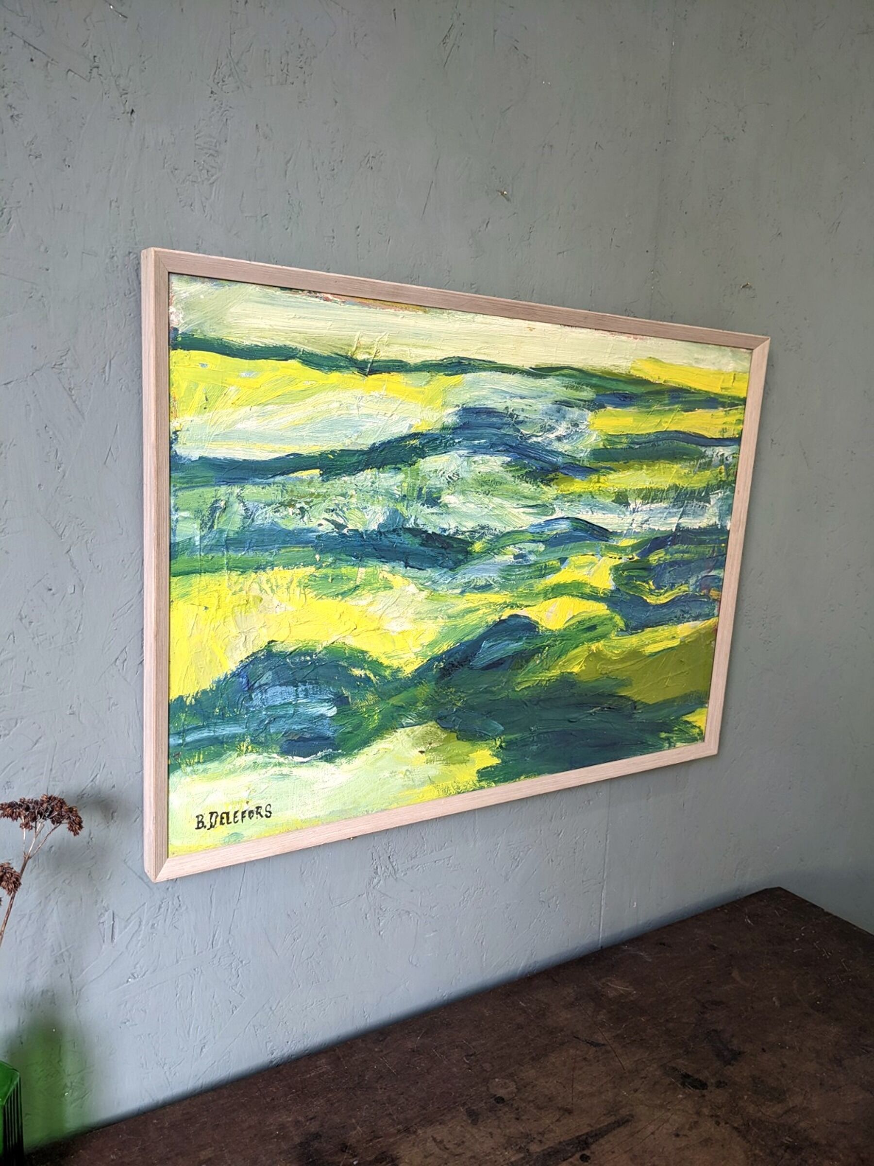 Mid-Century Modern Swedish "Waves" Vintage Abstract Oil Painting, Framed