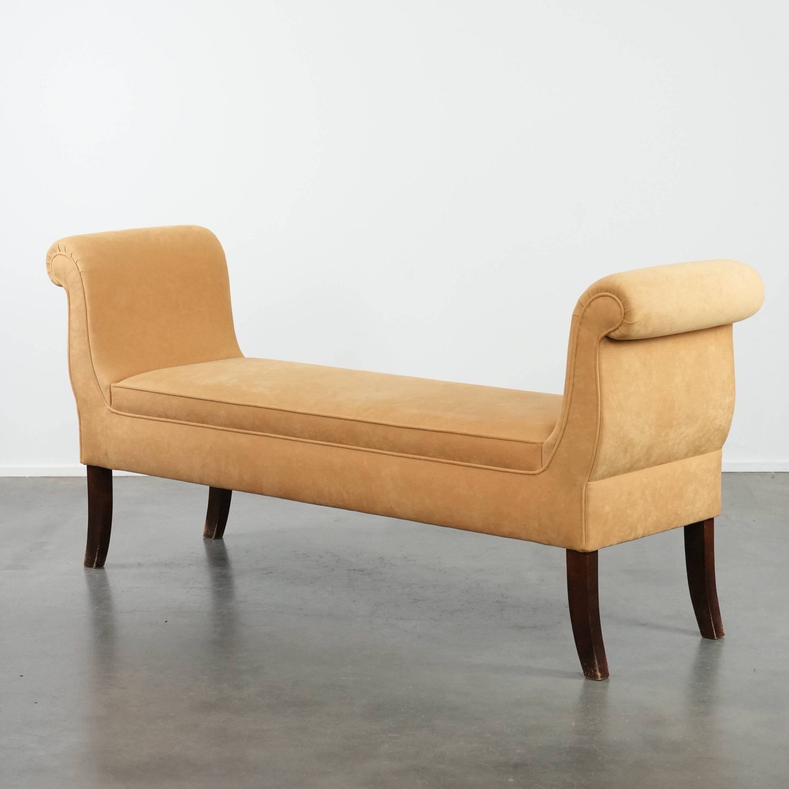 Mustard yellow fabric vintage bench from the late 20th century