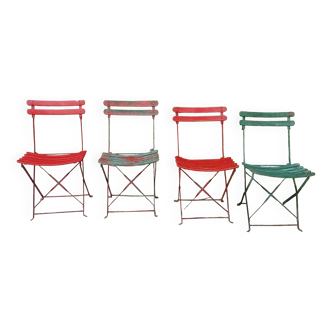Set of 4 garden chairs terrace bistro, folding guingette early XX th iron and wood