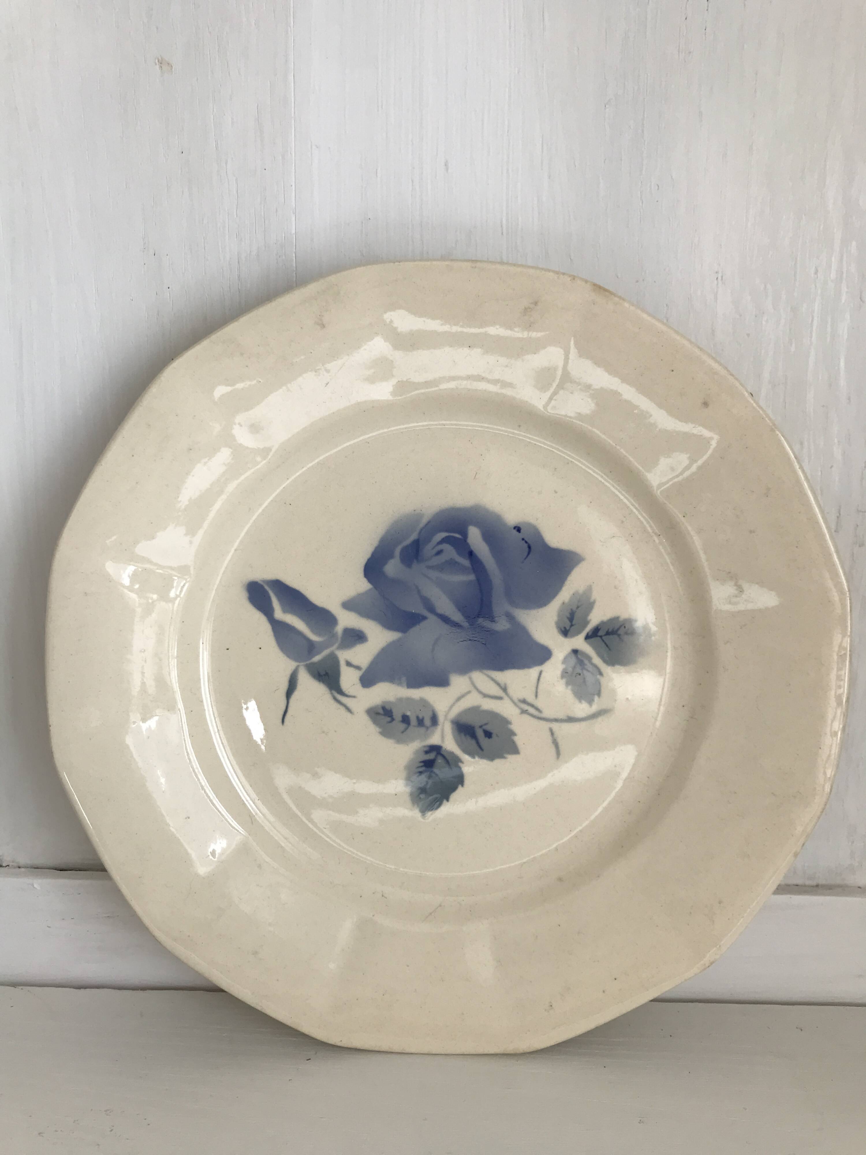 Set of 11 Digoin flat plates, blue rose patterns