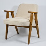 Original 366 armchair, designer J. Chierowski, 1960s icon, restored, cream fabric, teak wood