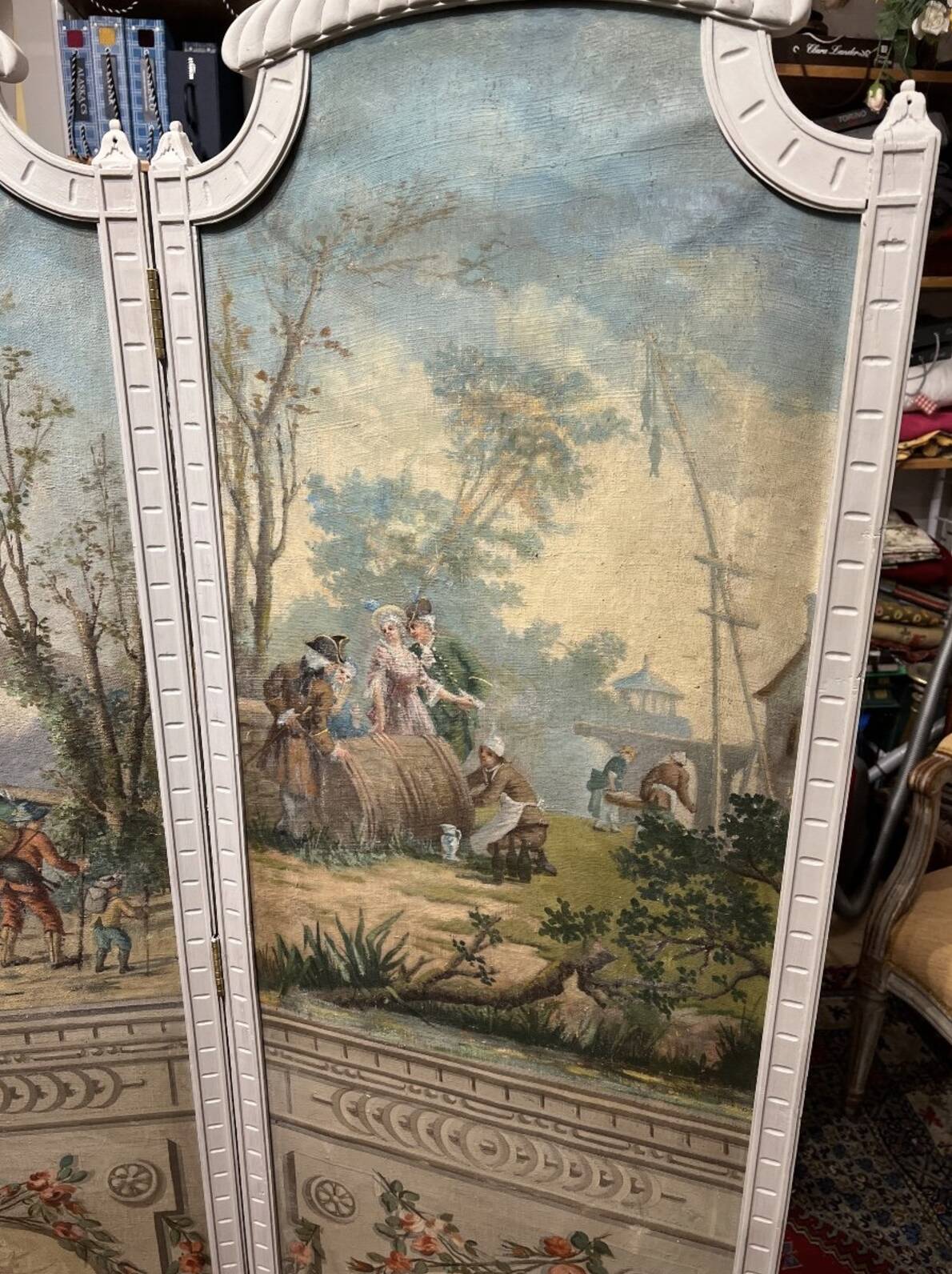 Four-panel screen from the Louis XVI period with rustic decorations.