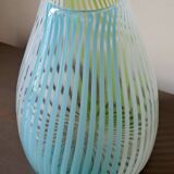 Blown glass vase with opal glass threads