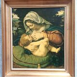 Painting gilded frame with reproduction Virgin with cushion