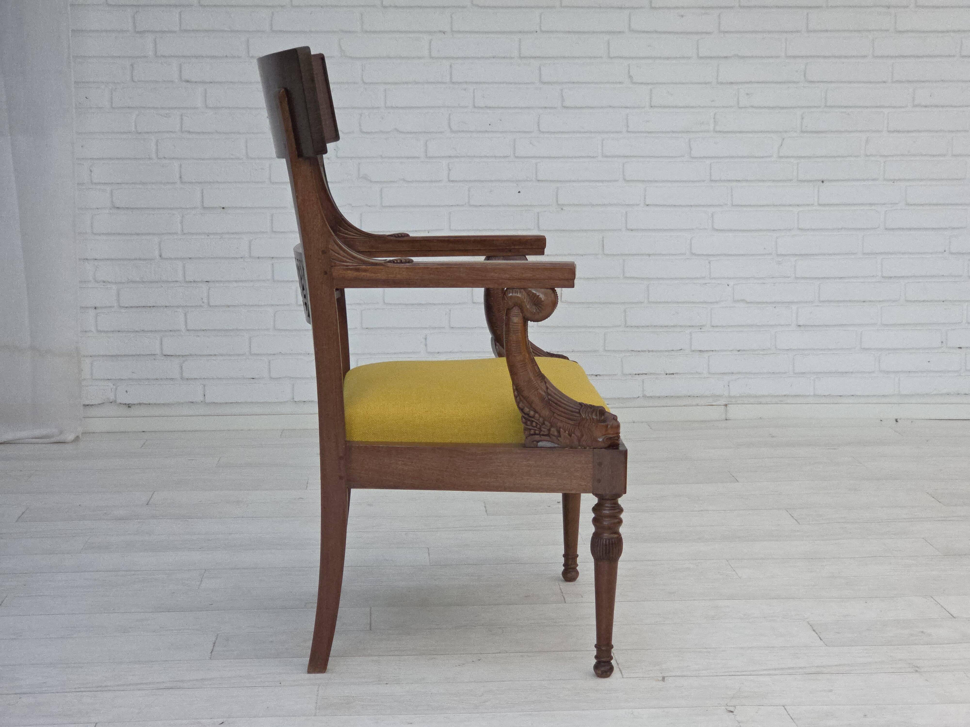 1920-30s, carved wood armchair, design after Georges Jacob, reupholstered.