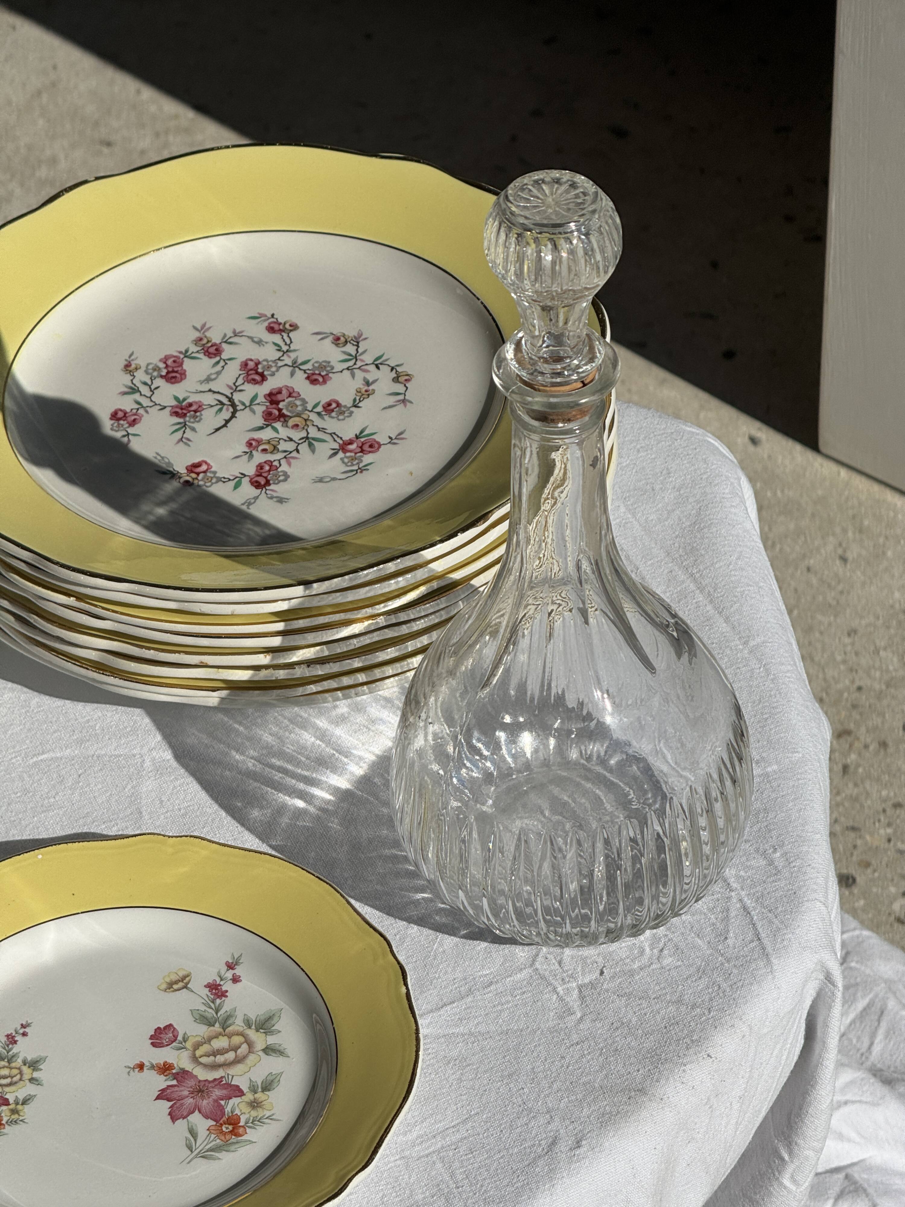 Vintage round-shaped glass carafe with cork stopper H27