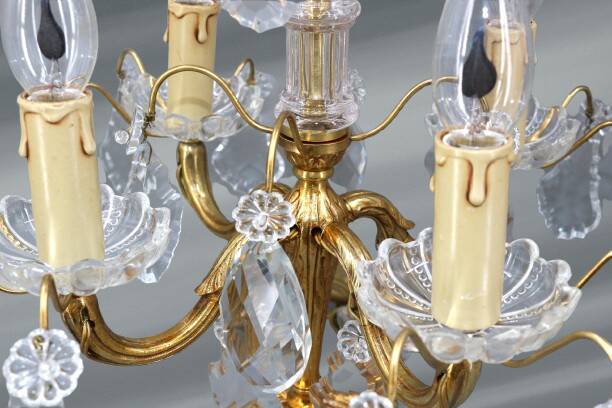 Pair of Louis XV Style Bronze & Crystal Chandeliers with 4 Lights