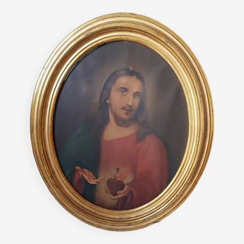 Old painting Jesus sacred heart 19th